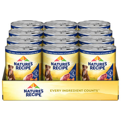 Nature's Recipe grain-free beef wet dog food, 12-pack cans, ideal for sensitive tummies