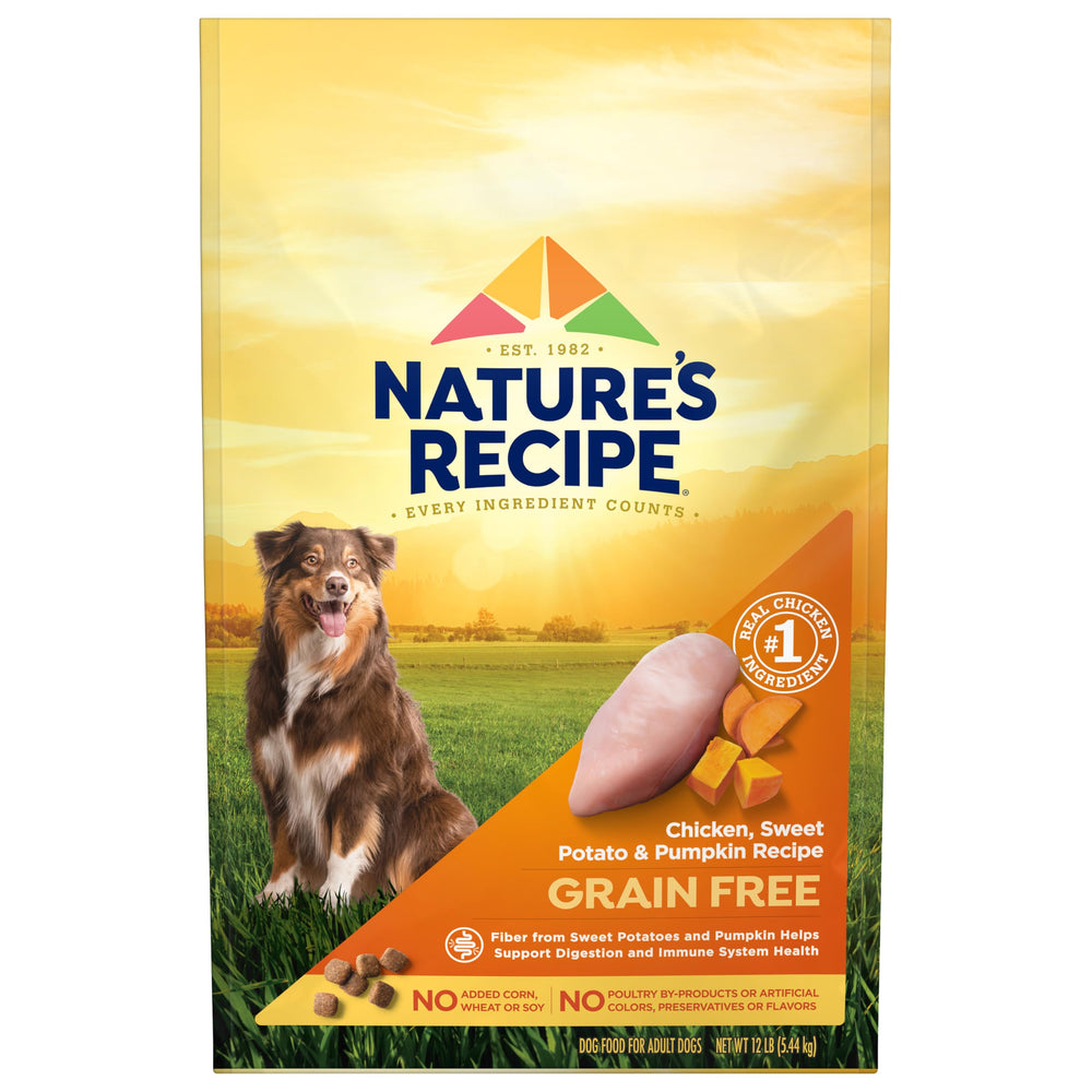 Nature's Recipe grain-free dry dog food bag closeup highlighting grain-free nutrition