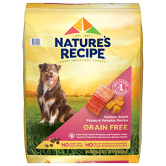 Nature's Recipe grain-free dry dog food salmon 34lb bag highlighting quality protein for active dogs