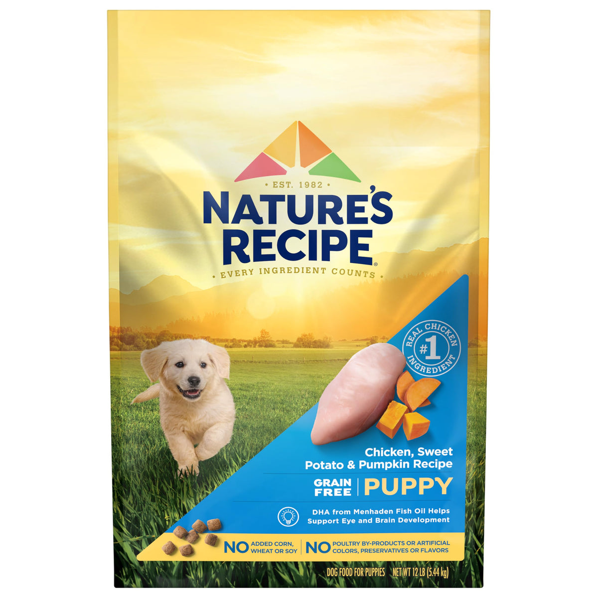 Nature's Recipe grain-free puppy food chicken bag front promotes clean digestion