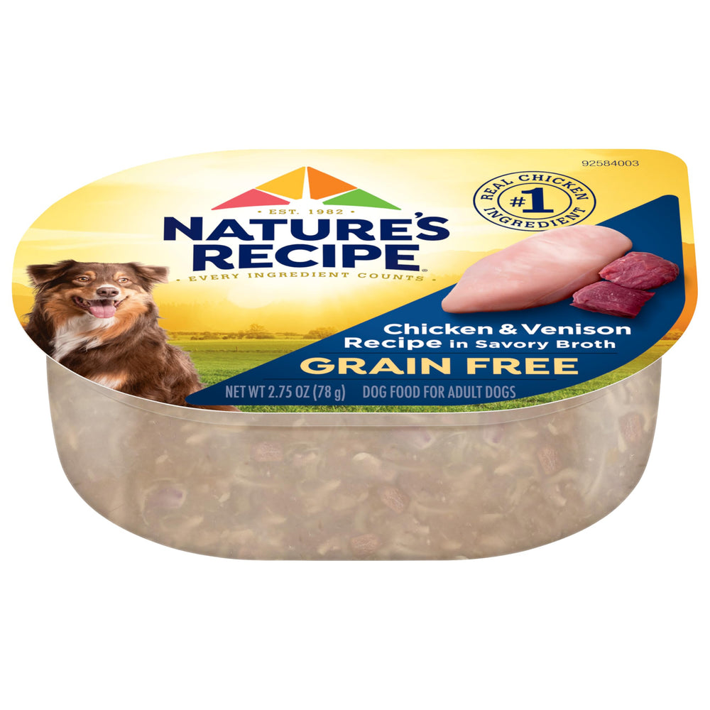 Nature's Recipe grain free wet dog food texture in convenient serving cups.