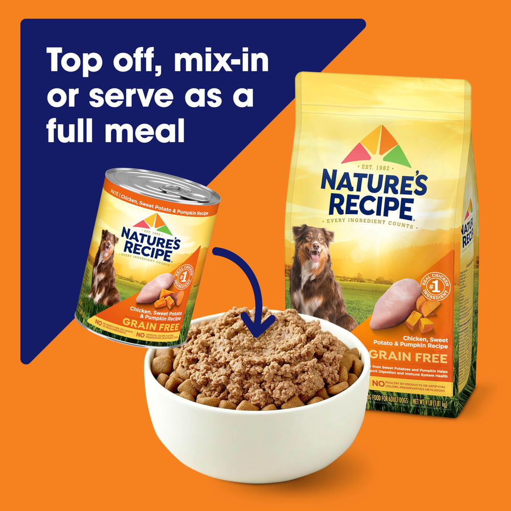 Nature's Recipe grain-free wet dog food plate serving suggests complete meal or topper