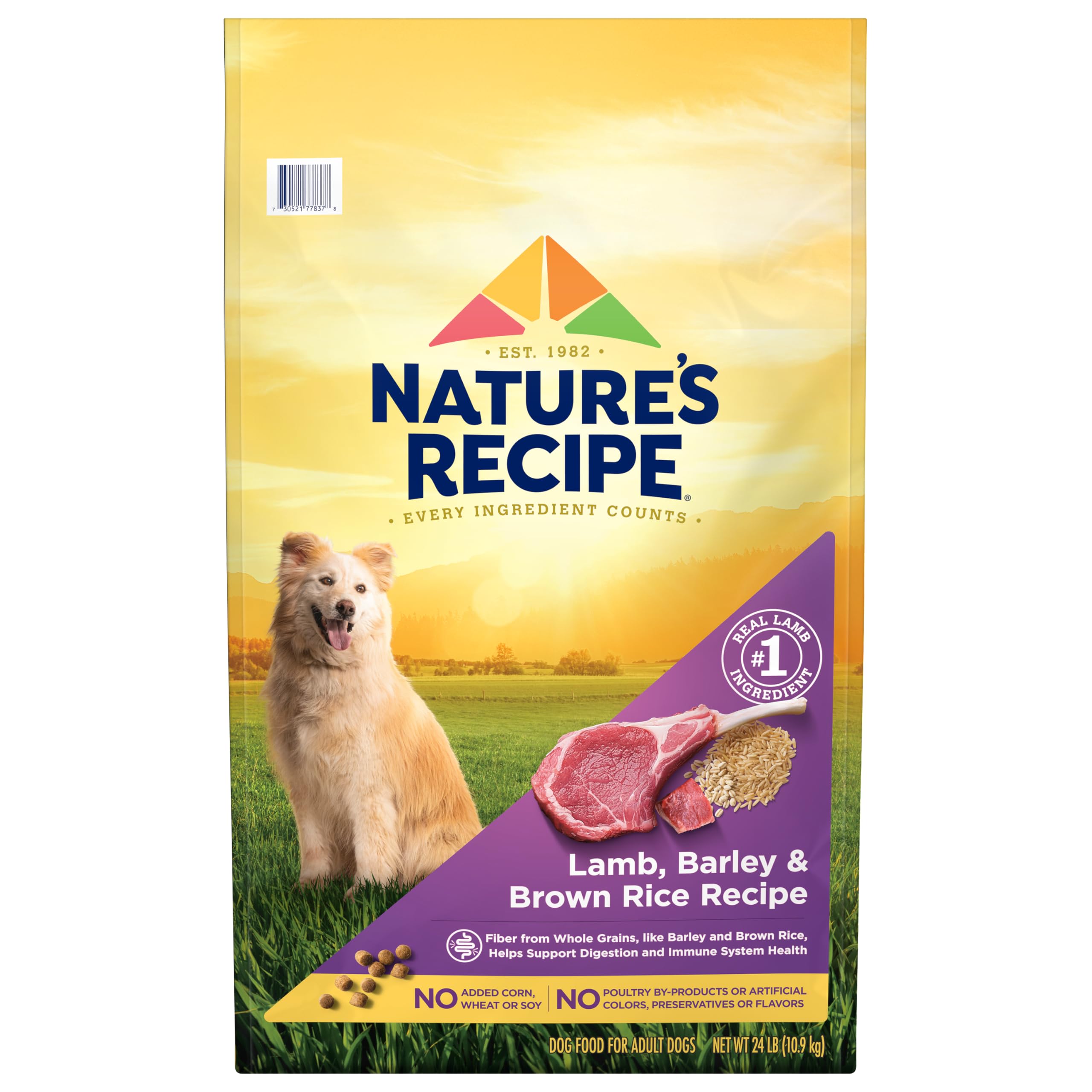 Nature's Recipe Lamb-Barley-Brown Rice dry dog food bag showcases balanced nutrition for adult dogs