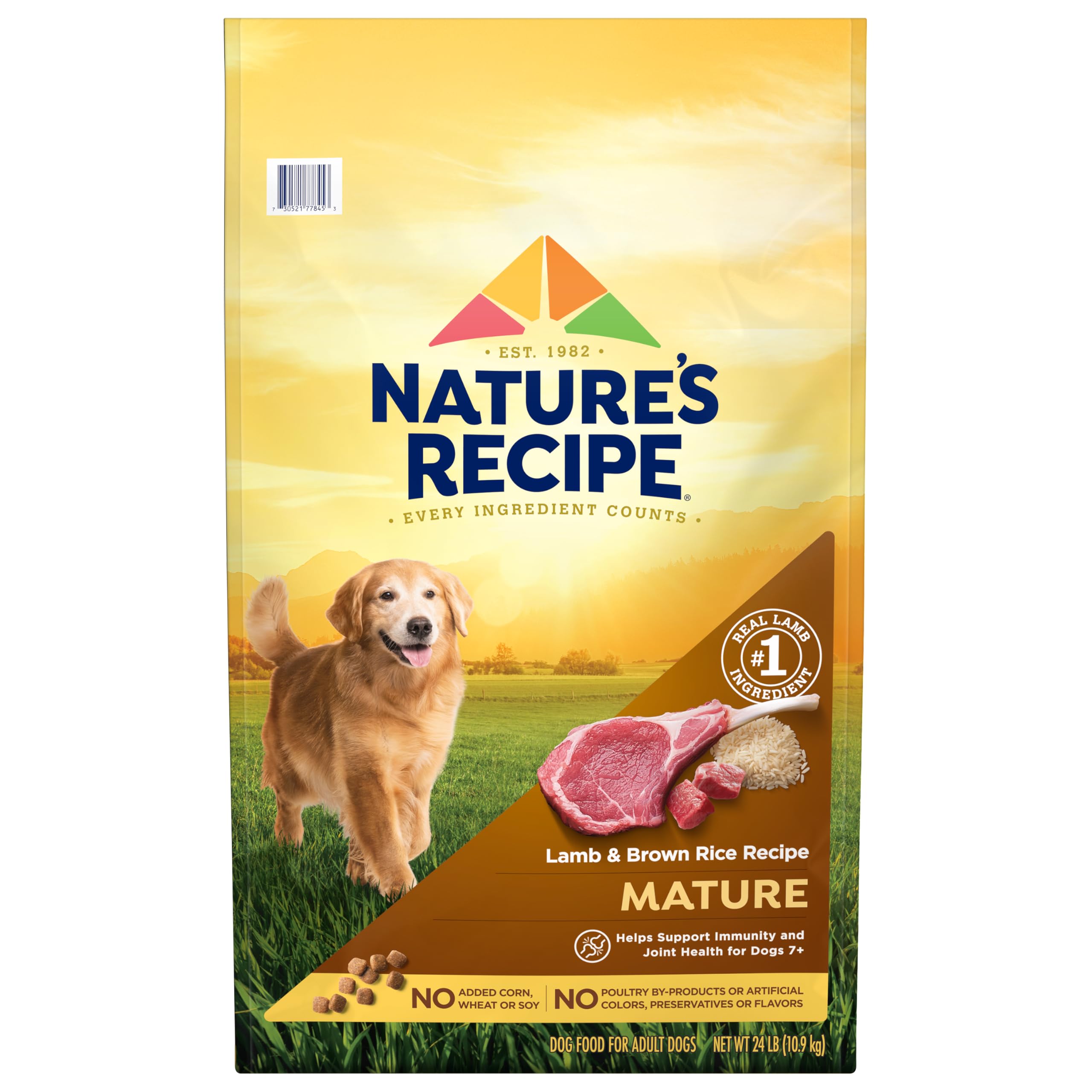 Nature's Recipe Mature Lamb & Brown Rice dry dog food, 24 lb bag, supports senior vitality.