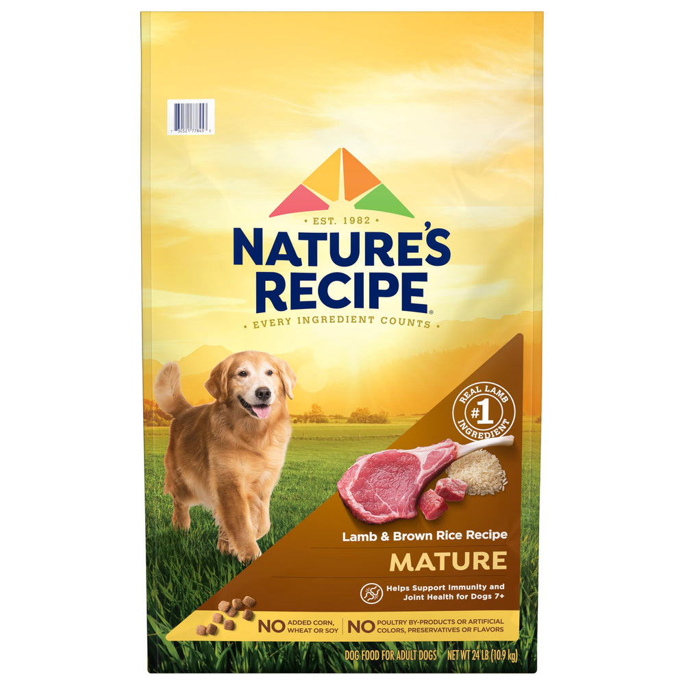 Nature's Recipe Mature Lamb & Brown Rice dry dog food, 24 lb bag, supports senior vitality.