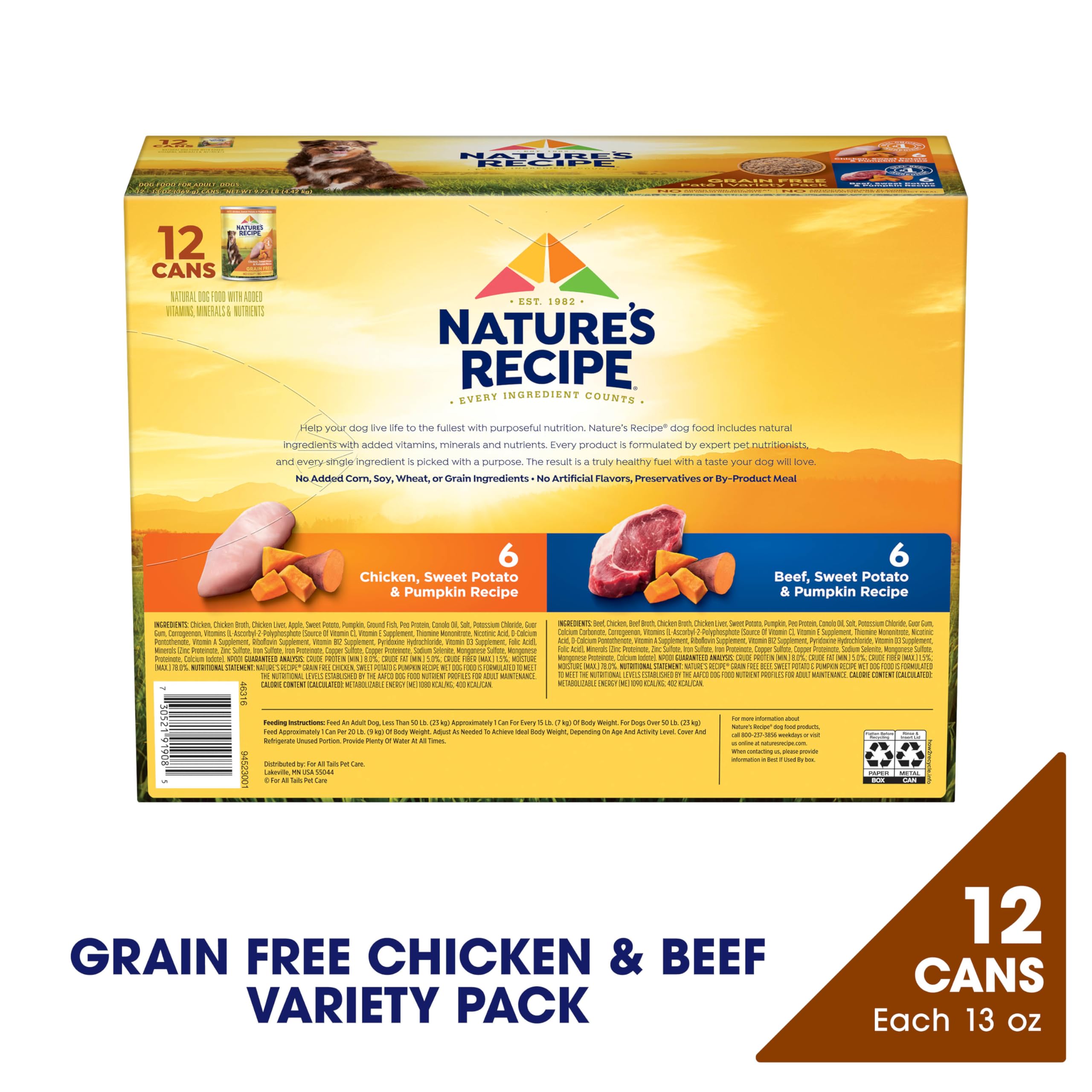 Nature's Recipe variety pack beef wet dog food can highlights beef first ingredient for strong muscles