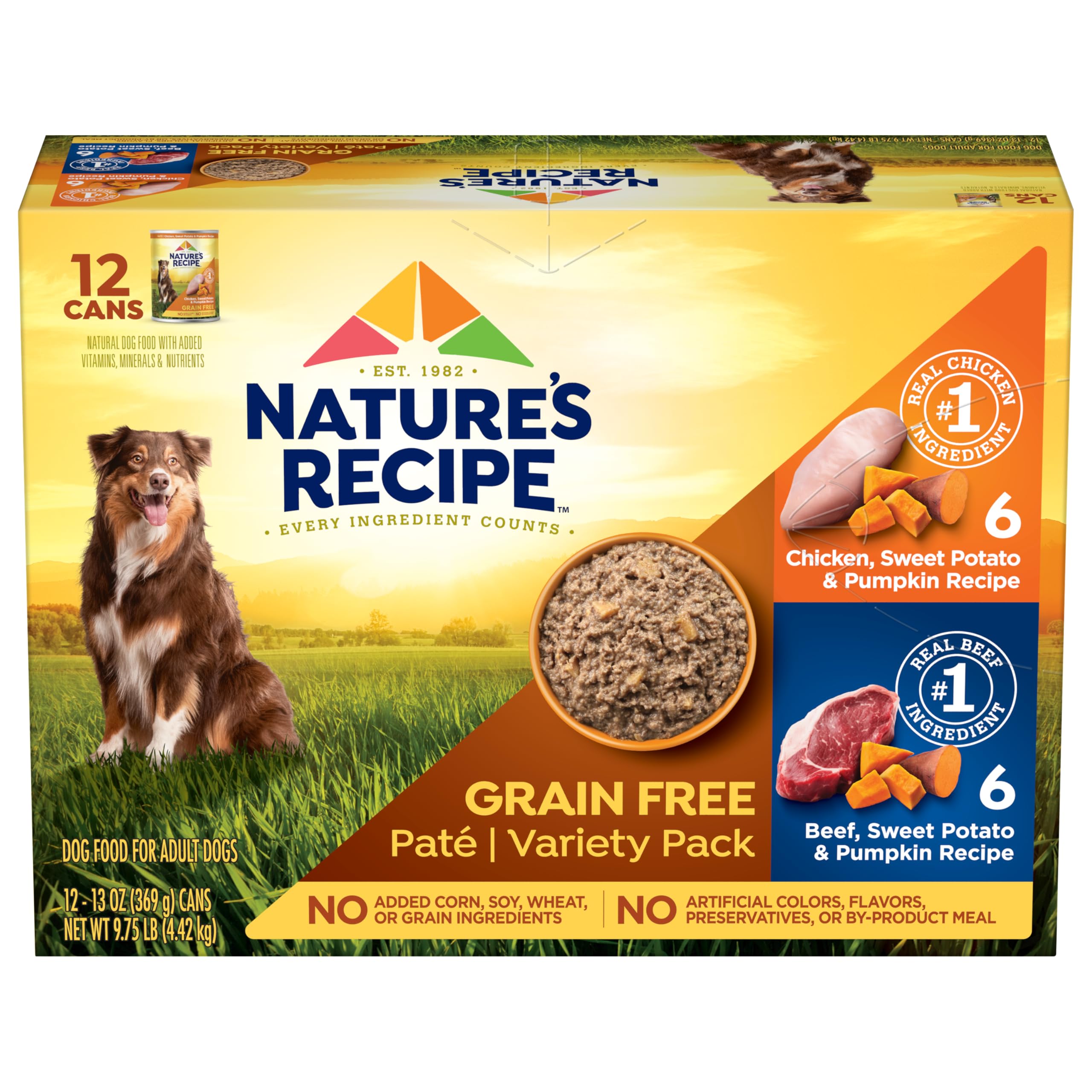 Nature's Recipe variety pack chicken wet dog food can shows premium protein and flavor