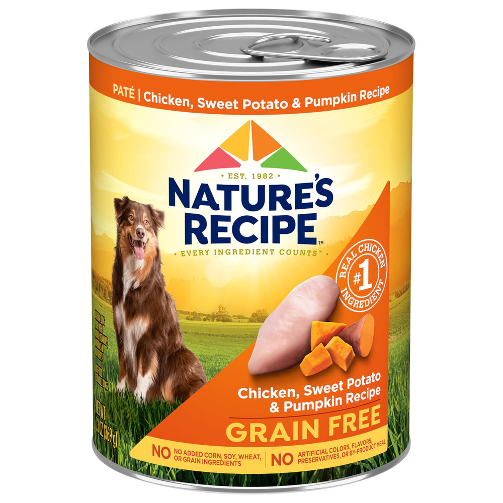 Nature’s Recipe wet dog food can with chicken, sweet potato and pumpkin – real protein and veggie mix.
