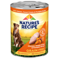 Nature’s Recipe wet dog food can with chicken, sweet potato and pumpkin – real protein and veggie mix.