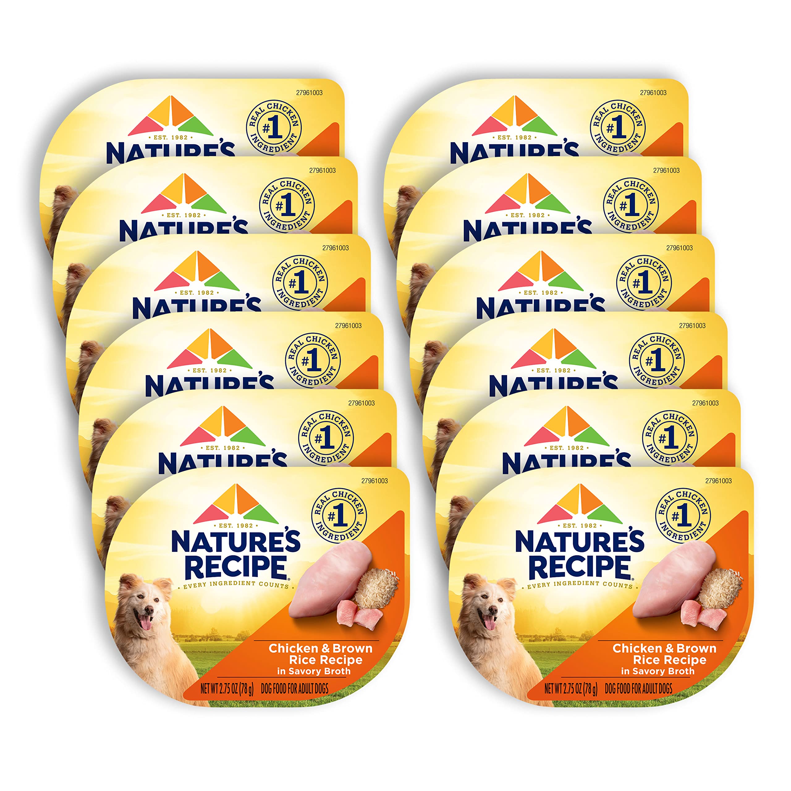 Nature's Recipe wet dog food cups with savory broth showing real chicken for adult dogs.