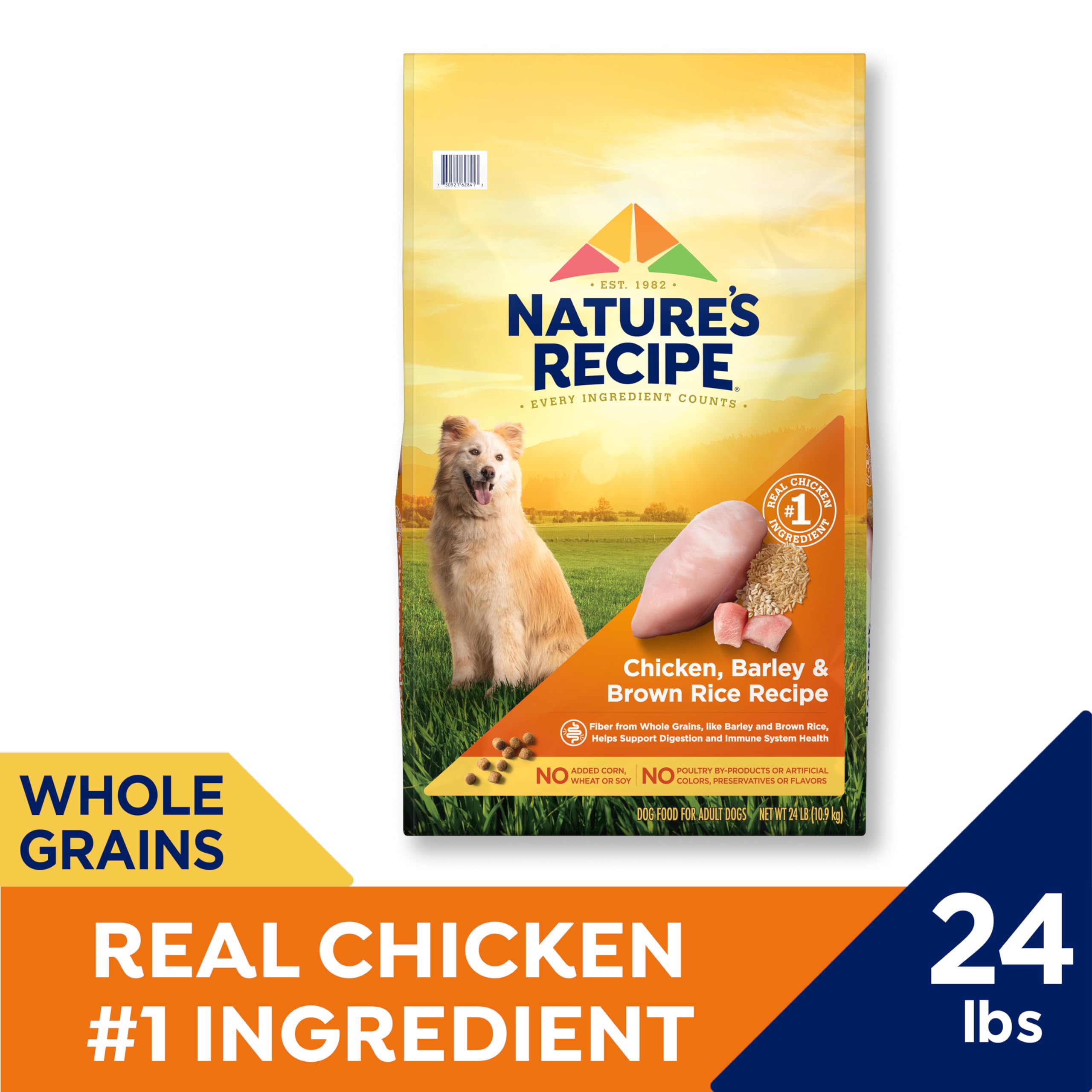 Nature's Recipe whole grains close-up shows barley and brown rice texture in kibble
