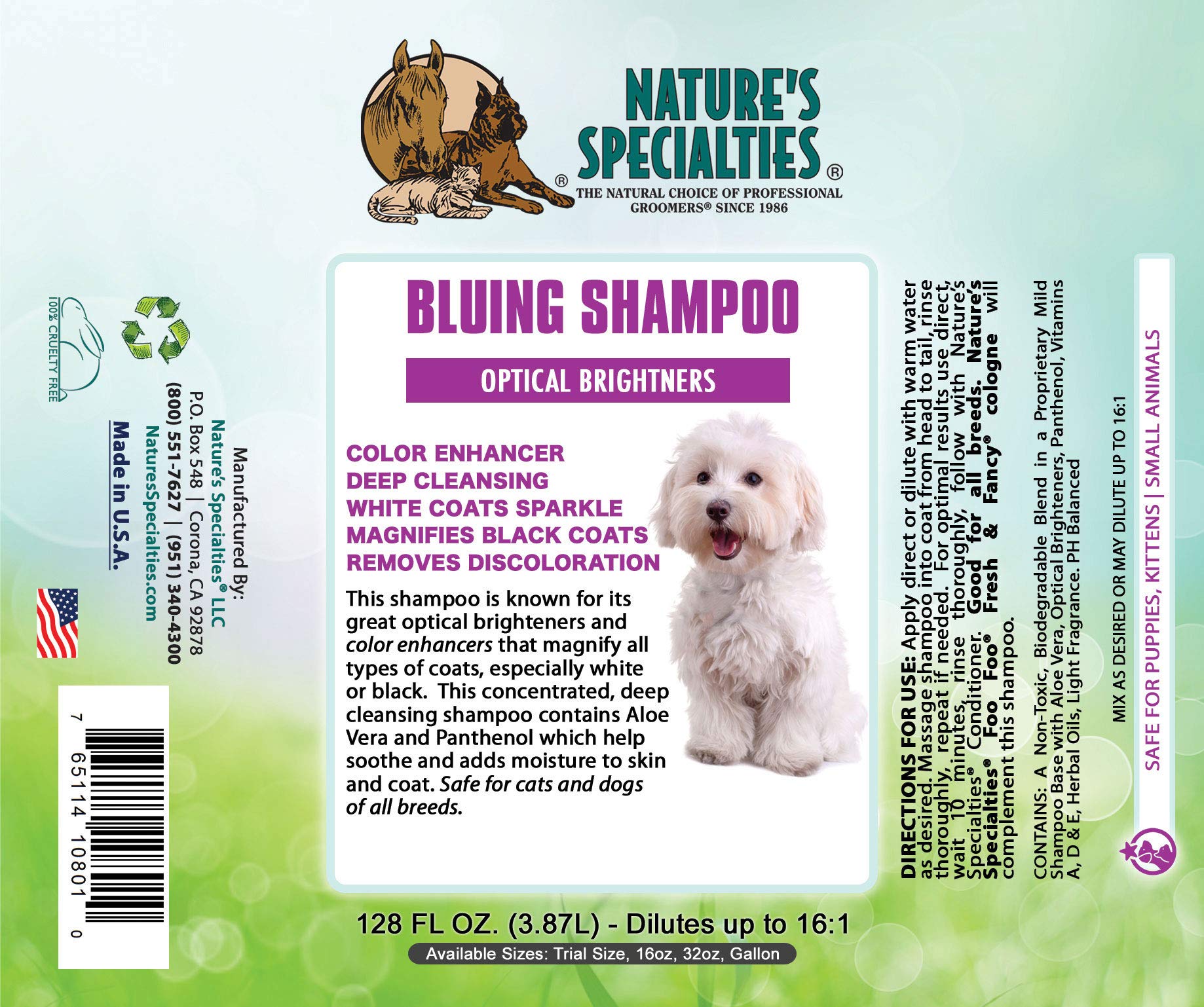 Nature's Specialties Bluing Ultra foaming lather brightens coat during bath