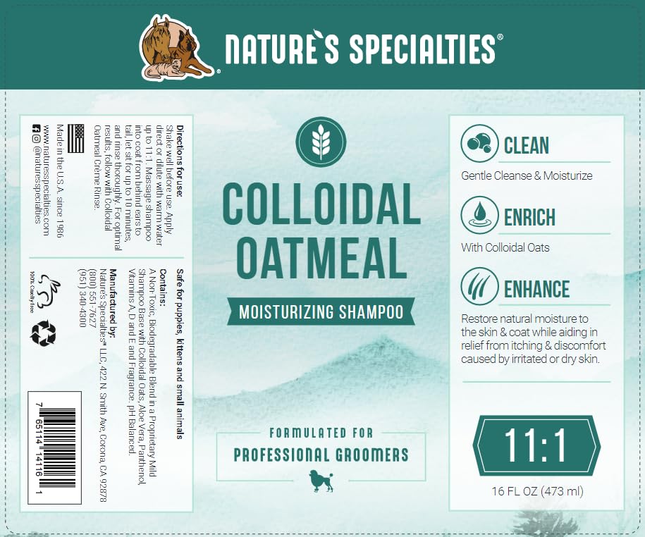 Ingredients of Nature's Specialties shampoo with oats and aloe for coat care.