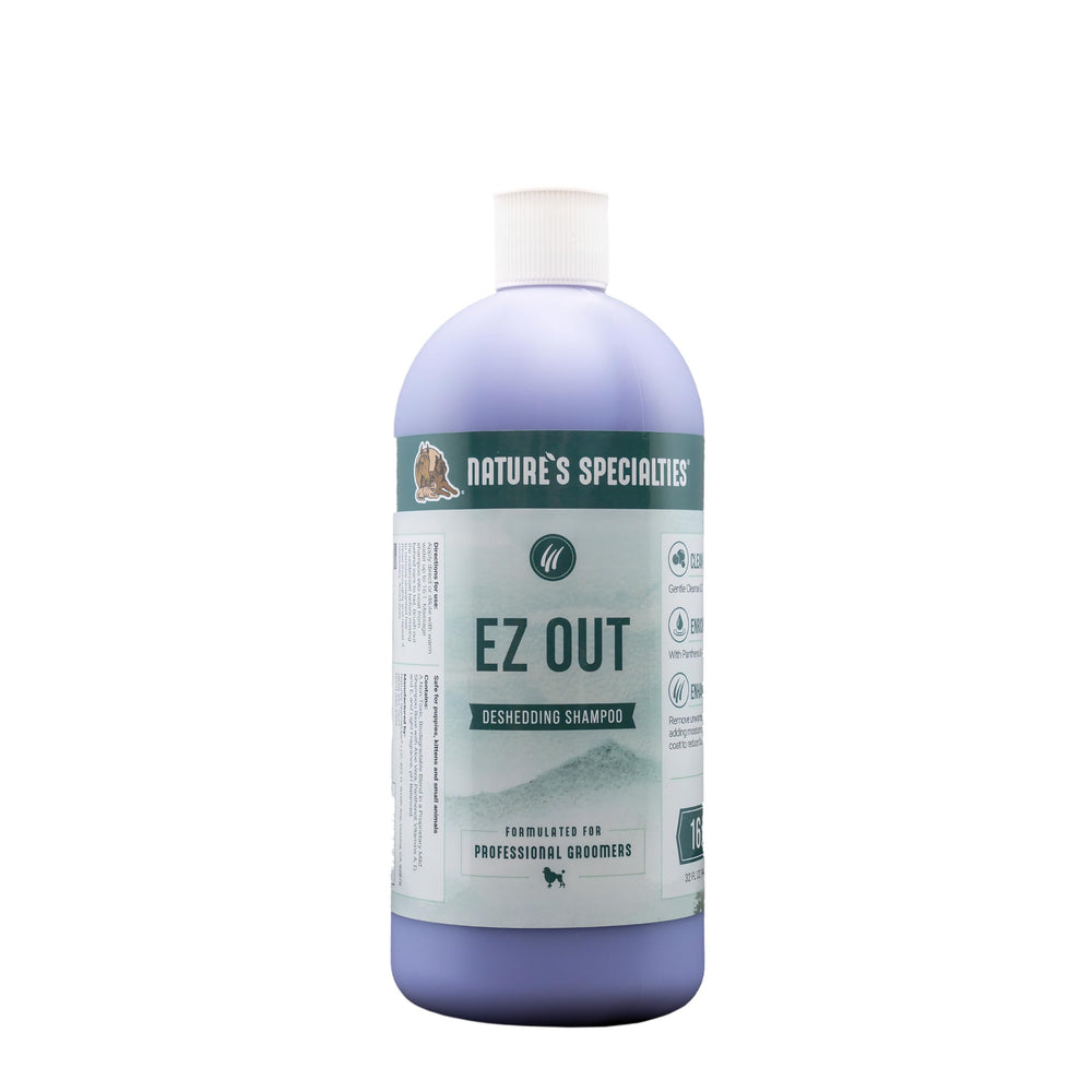 Nature's Specialities EZ Out Deshedding bottle pour enables easy on-site dilution for grooming.
