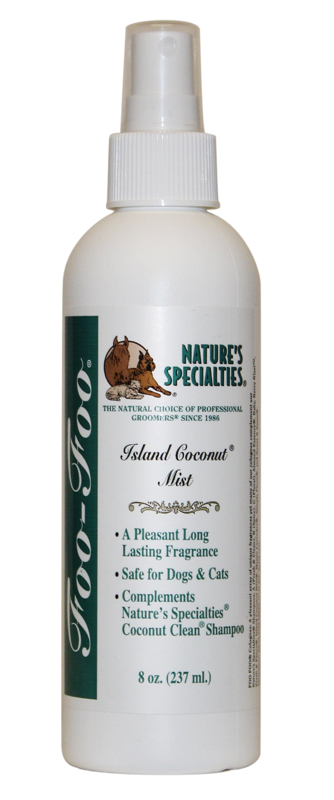 Nature's Specialties Island Coconut Mist bottle shown, offering a light tropical fragrance for pets.