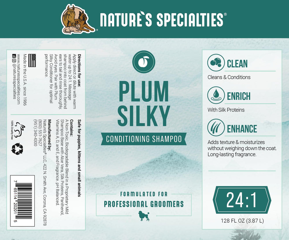 Plum Silky bottle shows Aloe Vera and silk proteins for coat care.