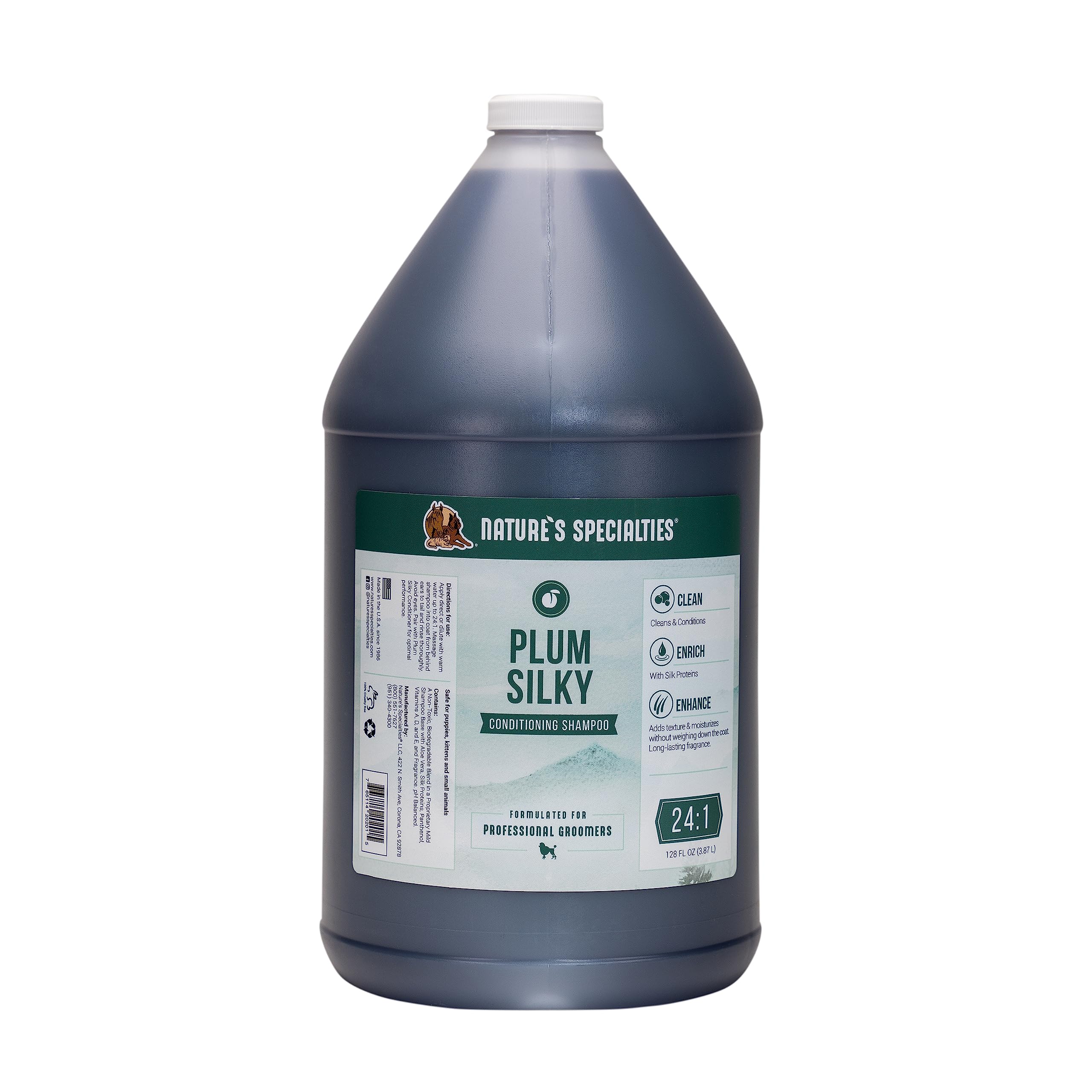 Nature's Specialties Plum Silky shampoo bottle for easy professional grooming.