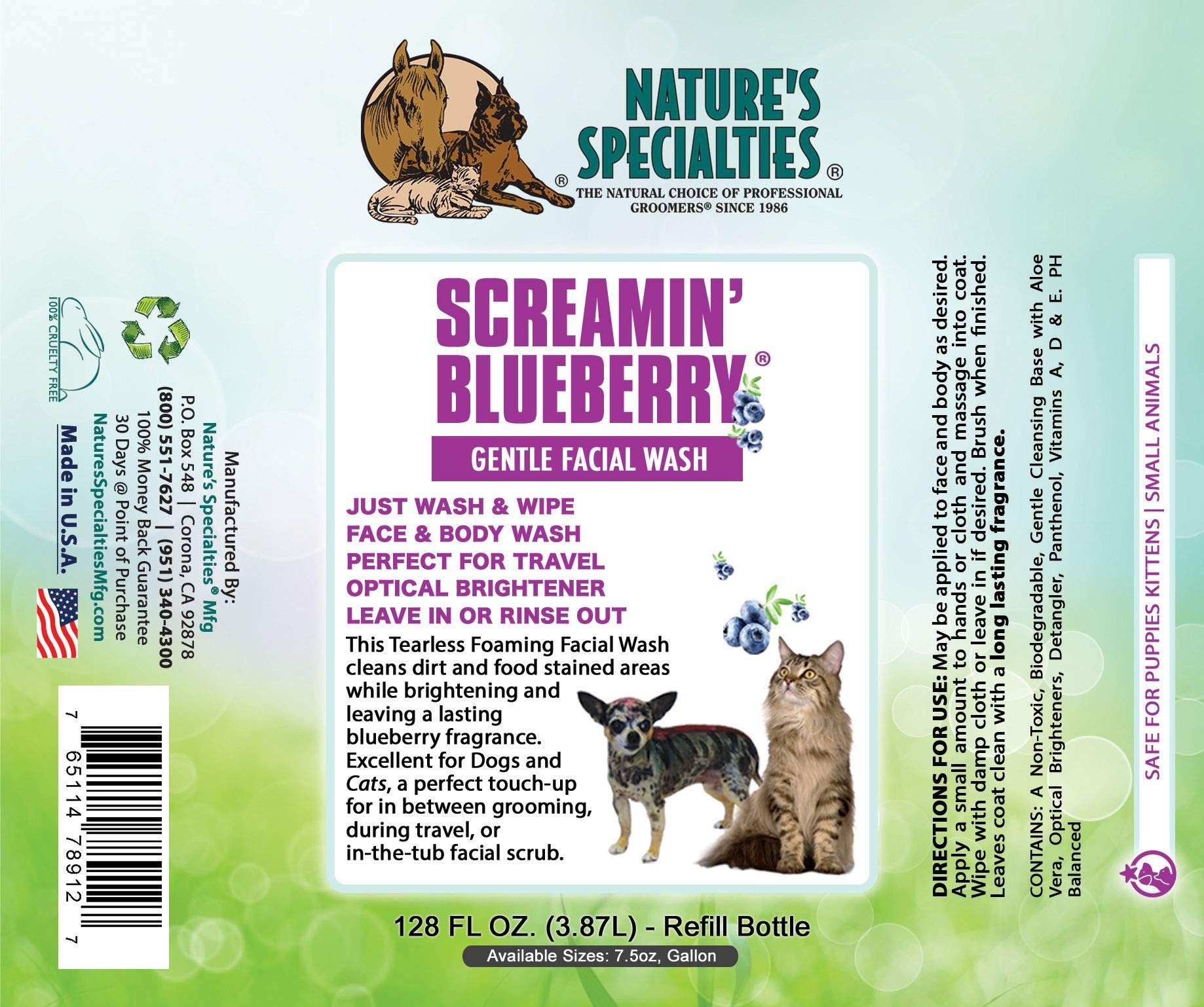 Nature's Specialties Screamin' Blueberry face wash close-up highlights soothing fragrance and gentle facial cleansing