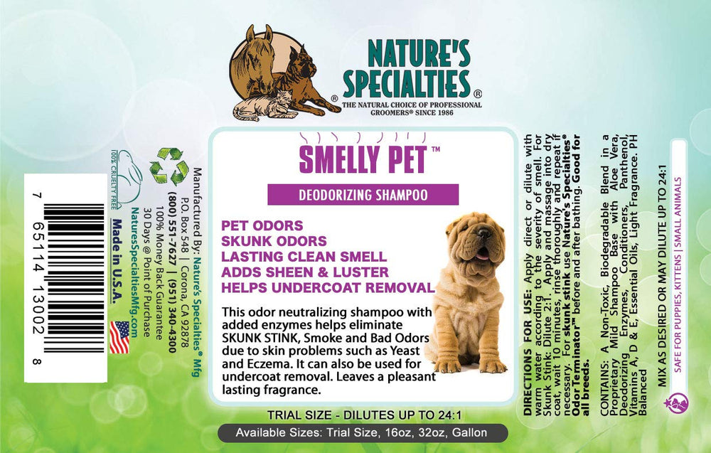 Label of Nature's Specialties Smelly Pet Shampoo highlighting gentle, conditioning formula