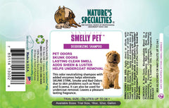 Label of Nature's Specialties Smelly Pet Shampoo highlighting gentle, conditioning formula