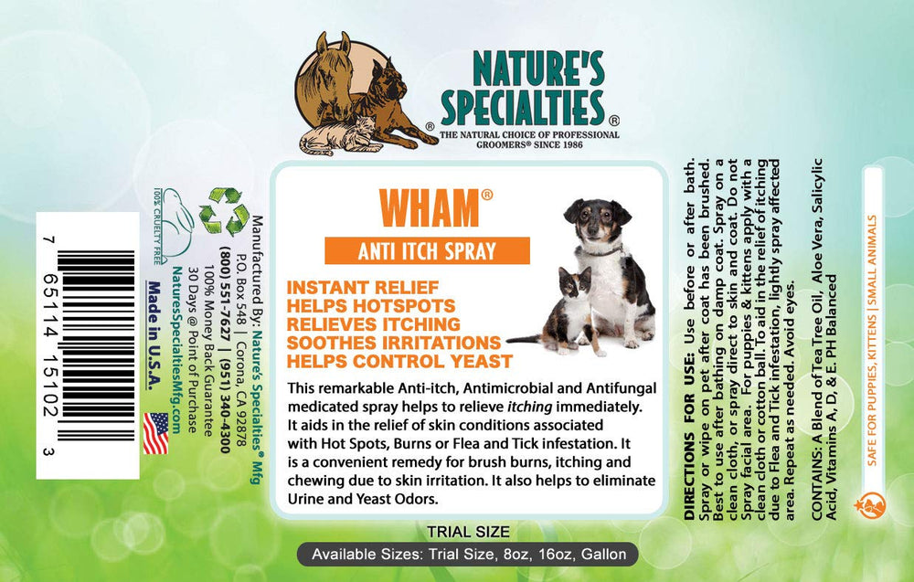 Nature's Specialties Wham anti-itch spray bottle close-up for convenient use.