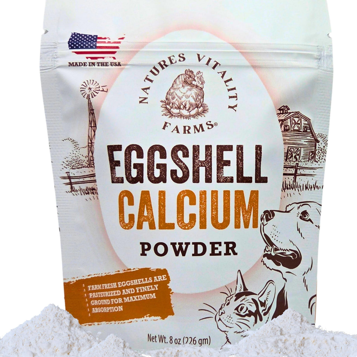 Natures Vitality Farms eggshell powder bottle front for dogs and cats, a natural calcium supplement.