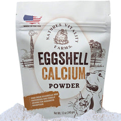 Natures Vitality Farms eggshell powder bottle for pet calcium support.