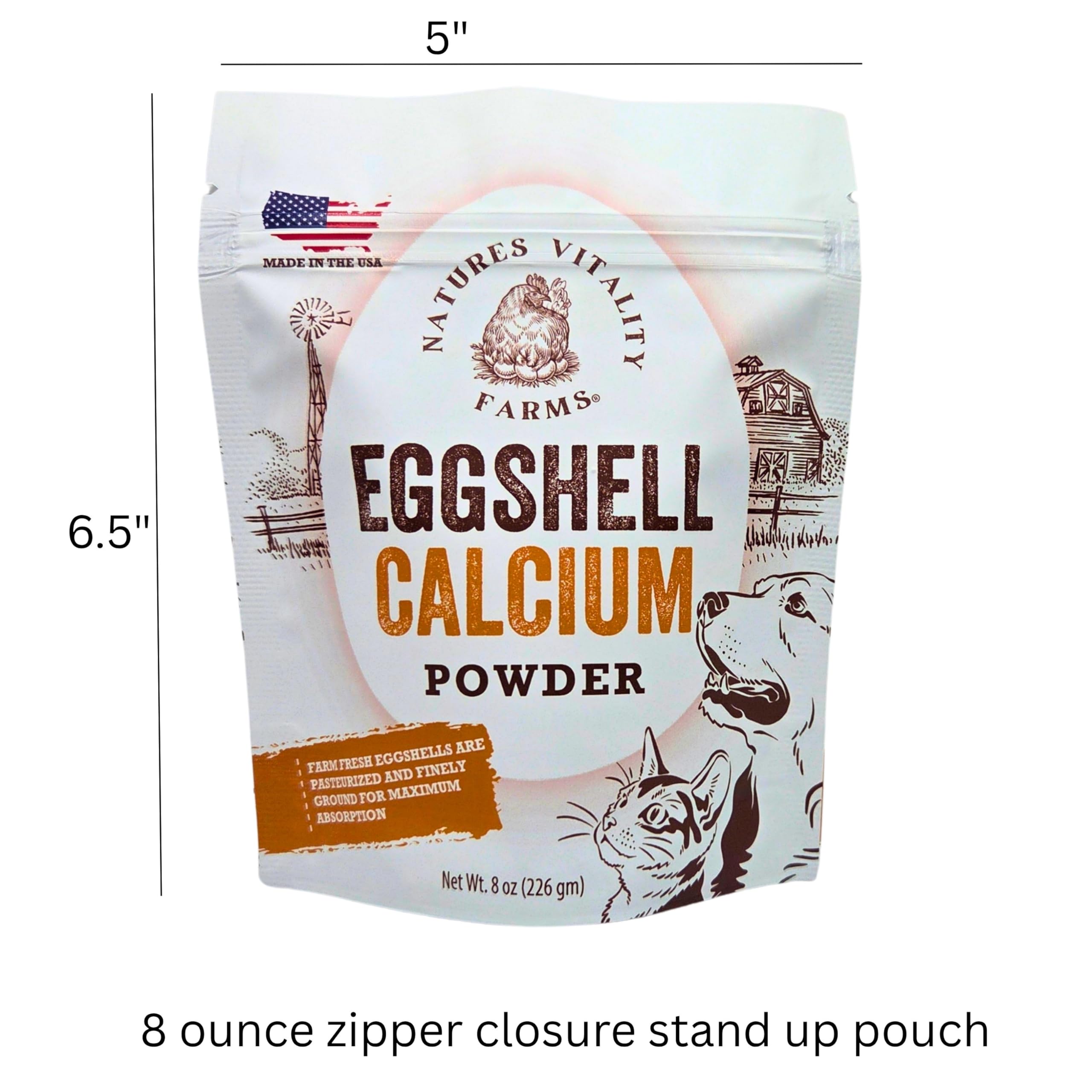 Natures Vitality Farms eggshell powder poured over pet food to show seamless blending.