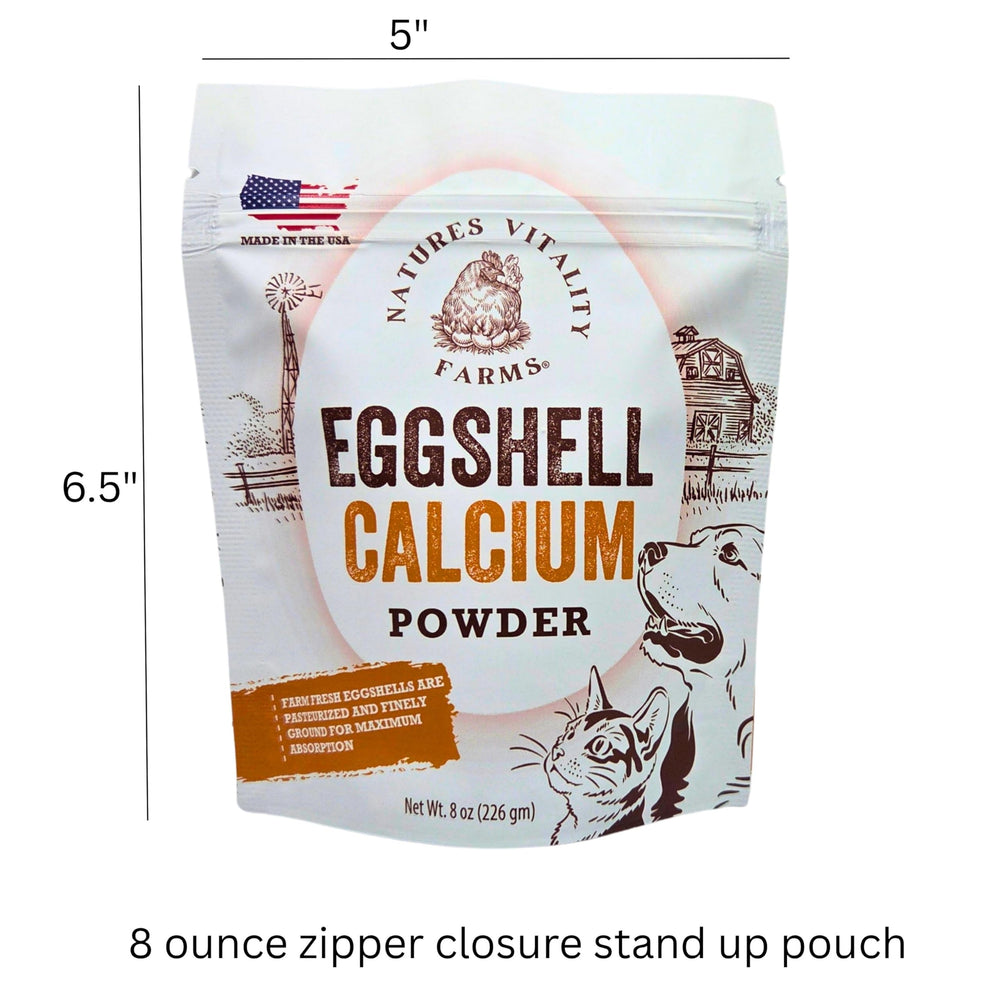 Natures Vitality Farms eggshell powder poured over pet food to show seamless blending.
