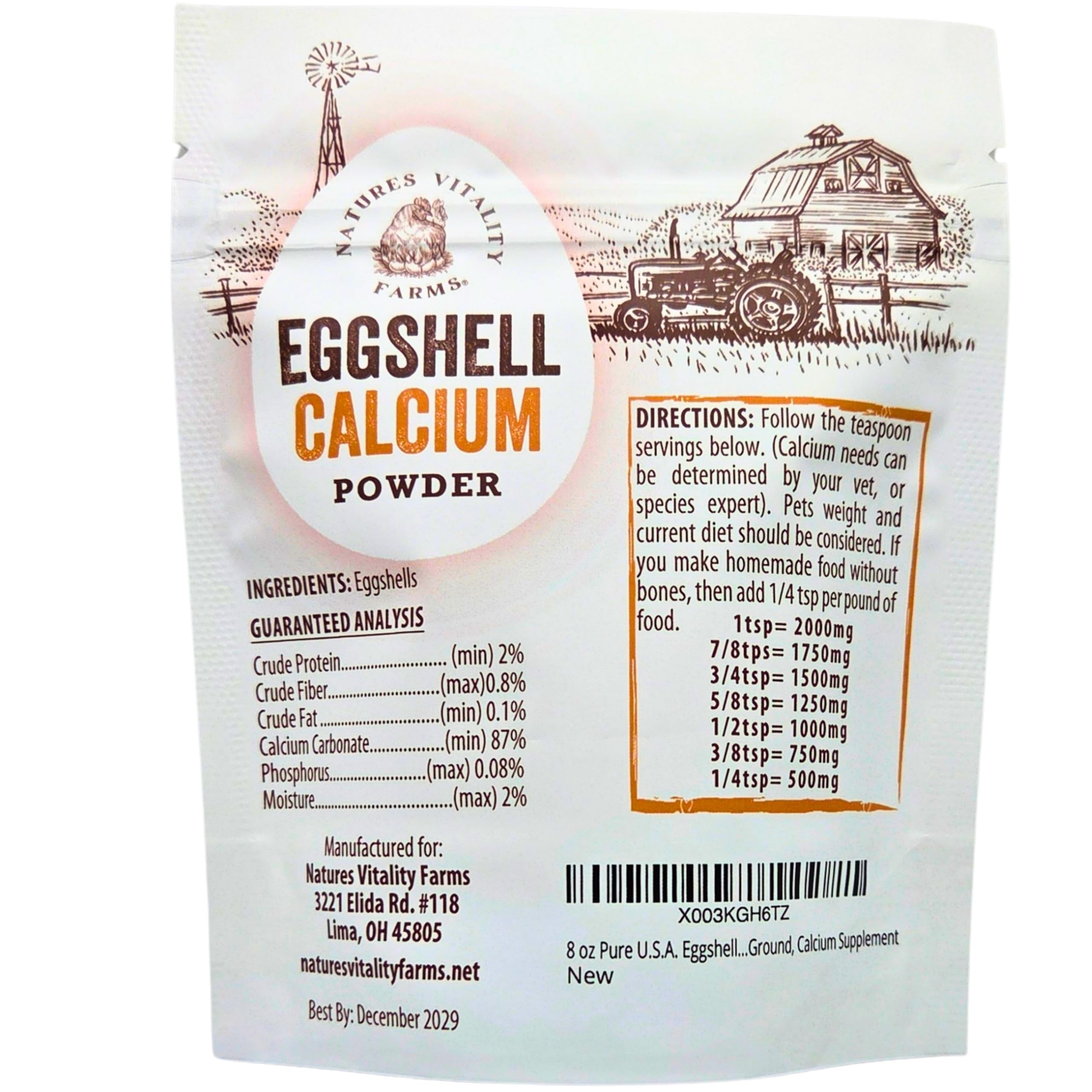Natures Vitality Farms eggshell powder near pet food illustrating simple daily calcium supplementation.