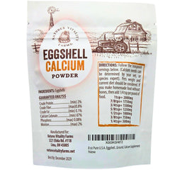 Natures Vitality Farms eggshell powder near pet food illustrating simple daily calcium supplementation.
