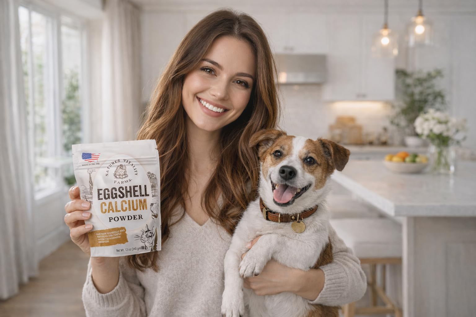Farm-fresh eggshells shown behind Natures Vitality Farms powder.
