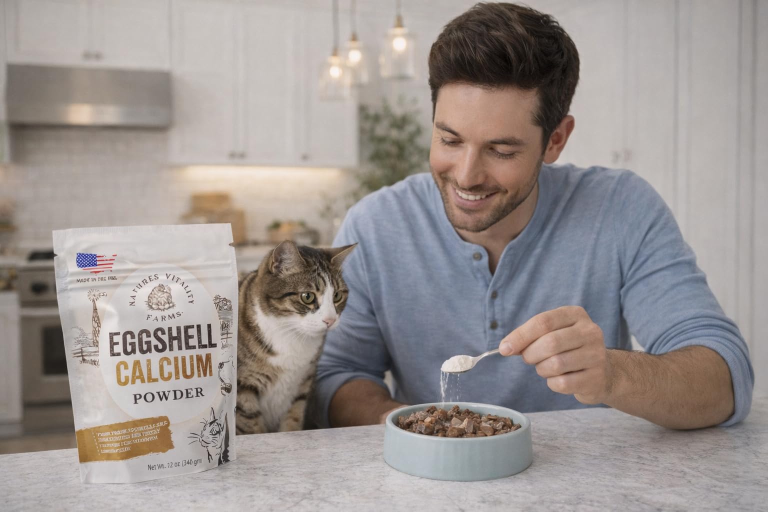 Pet bowl features meal with Natures Vitality Farms powder for calcium boost.