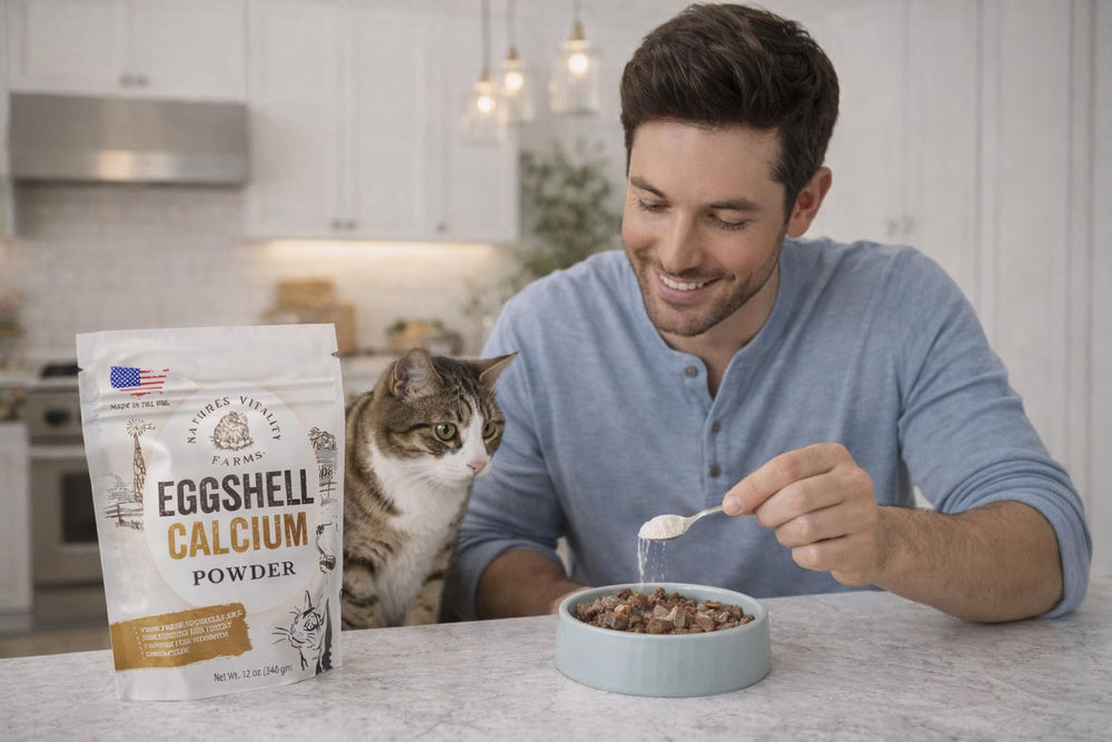 Pet bowl features meal with Natures Vitality Farms powder for calcium boost.