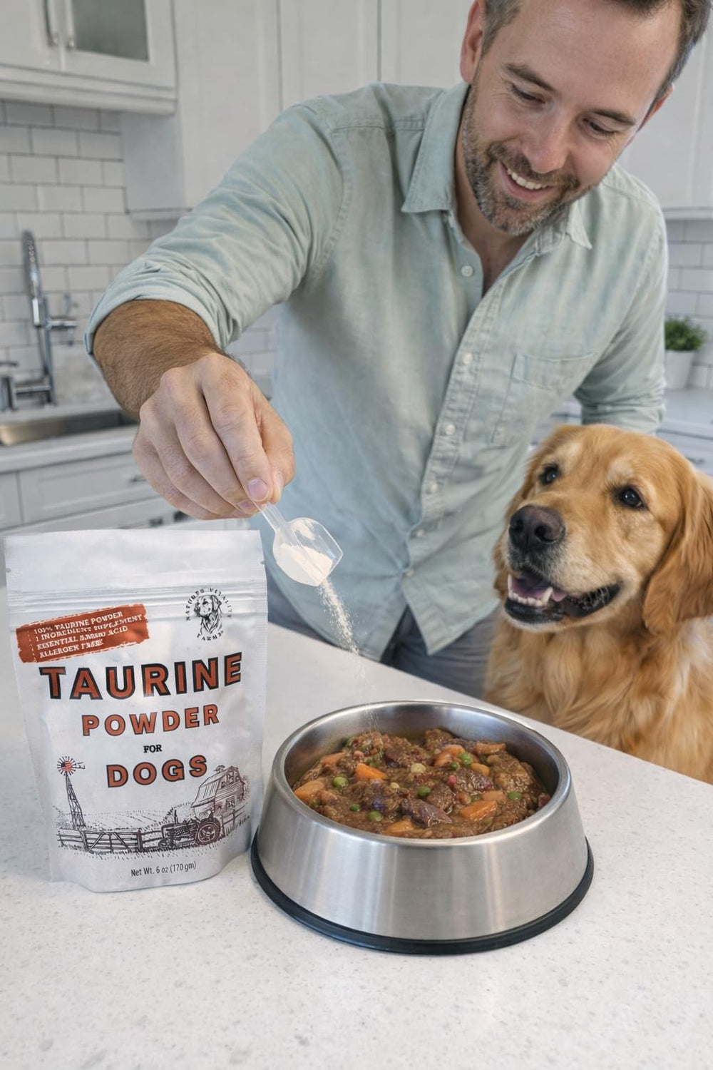 6-ounce pouch and scoop highlight a long-lasting Taurine supplementation for pets.