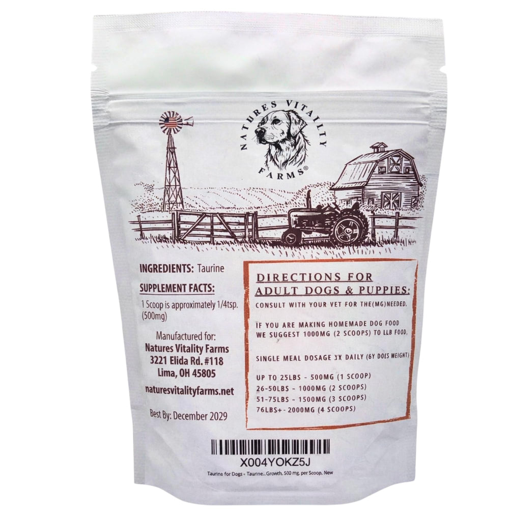 Natures Vitality Farms Taurine powder scoop shows 500mg measurement for precise dosing.