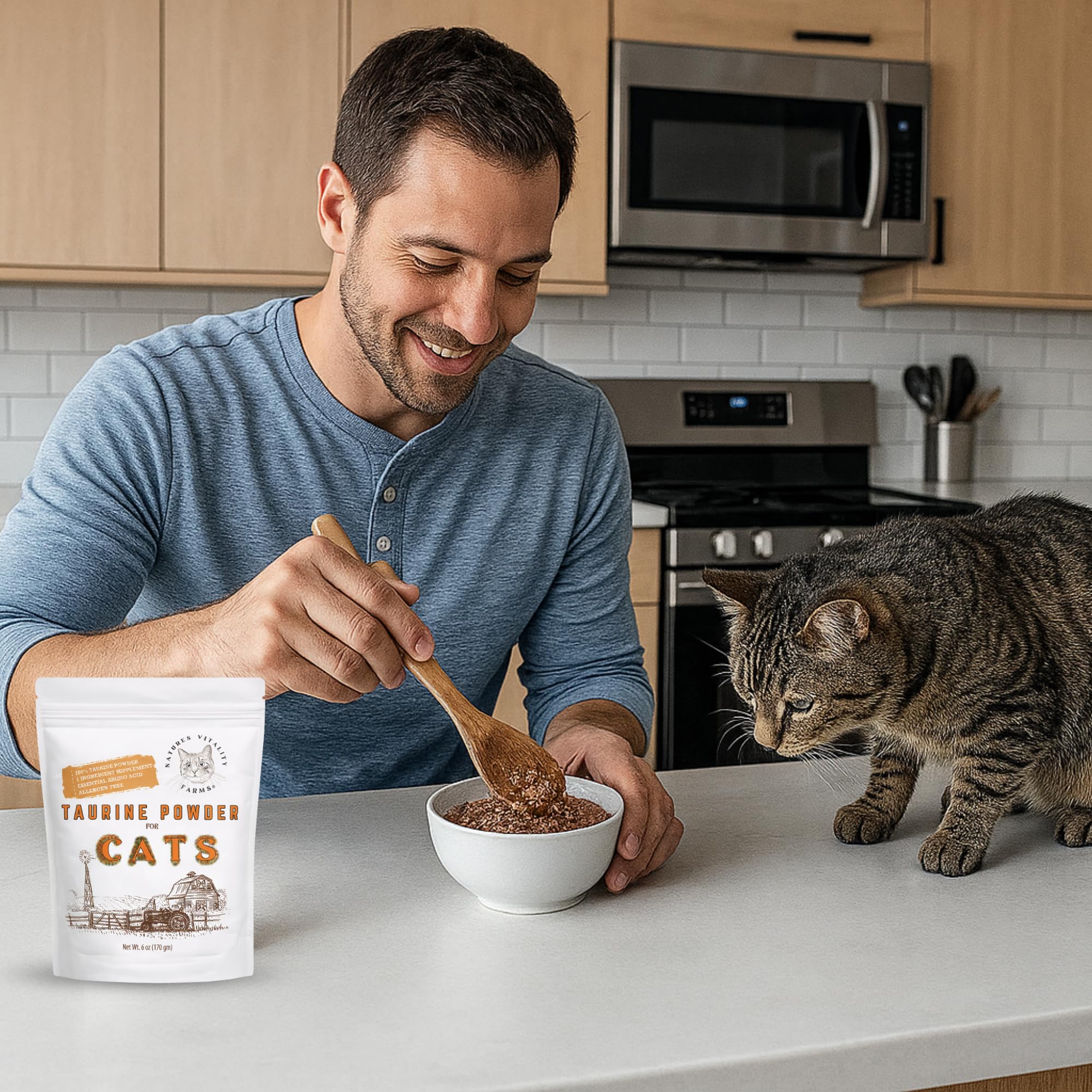 Natures Vitality Farms Taurine powder in a bowl with cat food