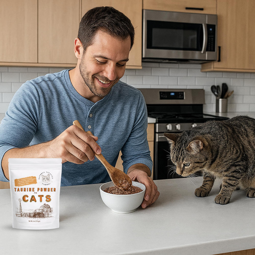 Natures Vitality Farms Taurine powder in a bowl with cat food