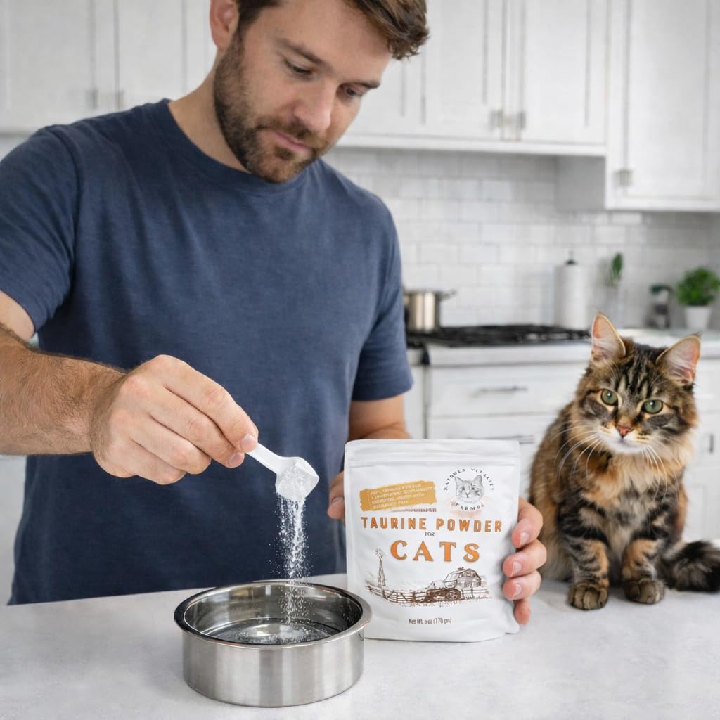 Natures Vitality Farms Taurine powder with cat, emphasizing digestion and vision