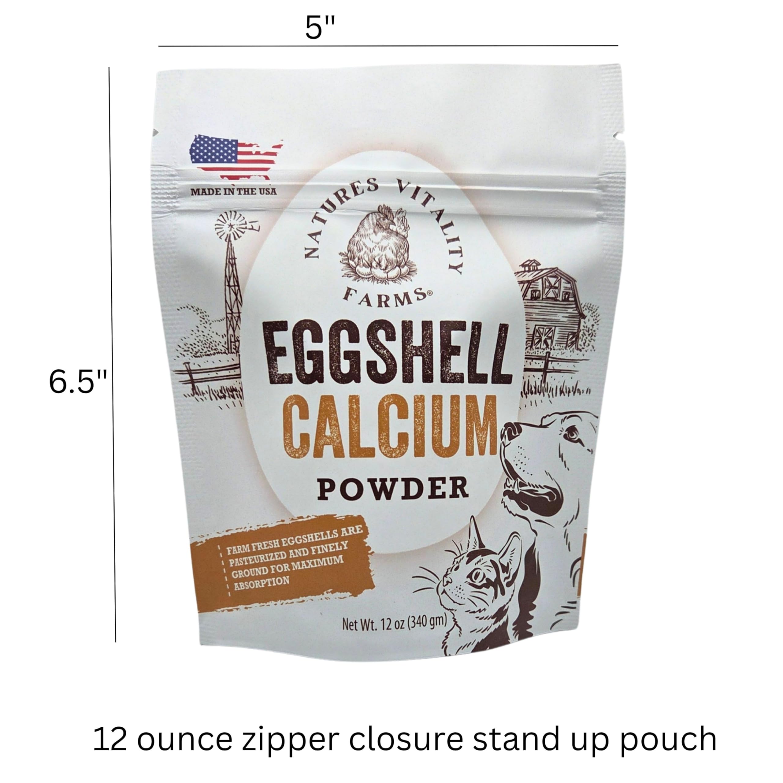USA-made label on Natures Vitality Farms eggshell powder container.