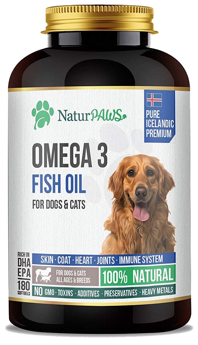 NATURPAWS Omega-3 dog bottle pour supports coat shine and skin health.