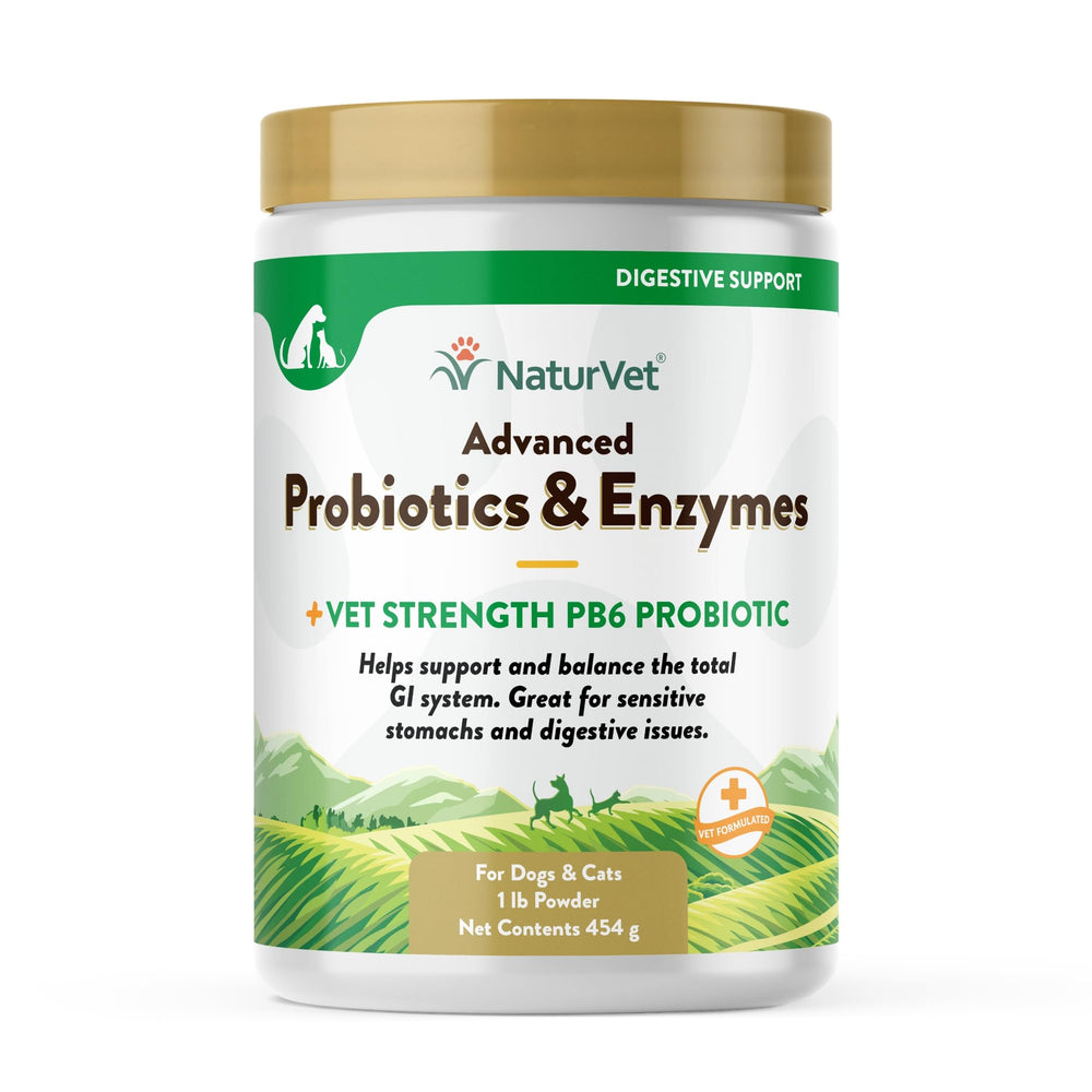 NaturVet Advanced Probiotics enzyme powder bottle pour supports digestive balance in pets.