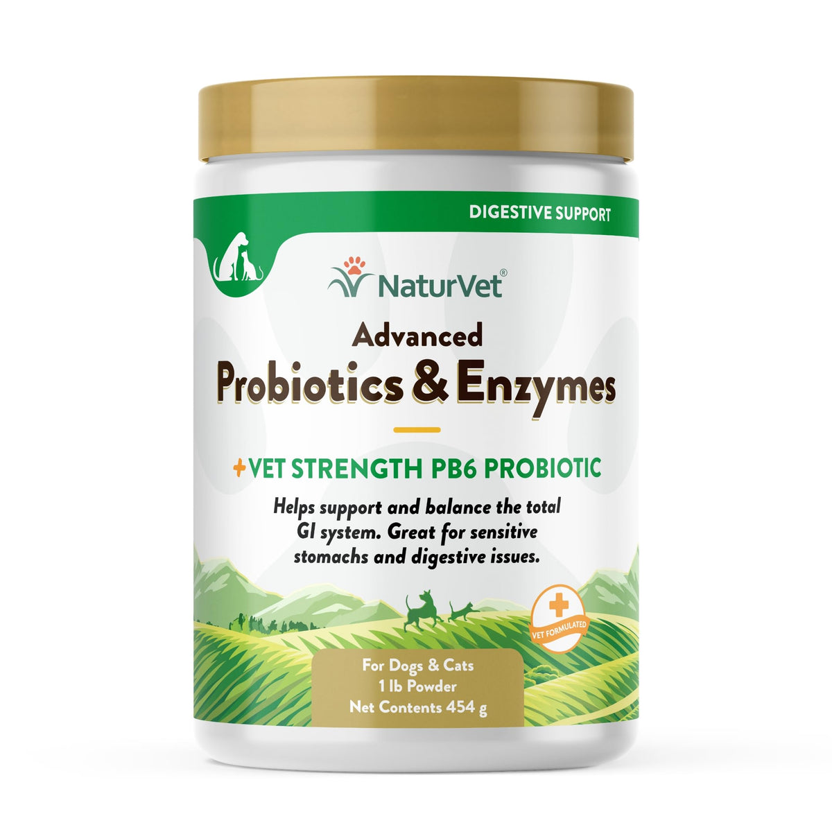 NaturVet Advanced Probiotics enzyme powder bottle pour supports digestive balance in pets.