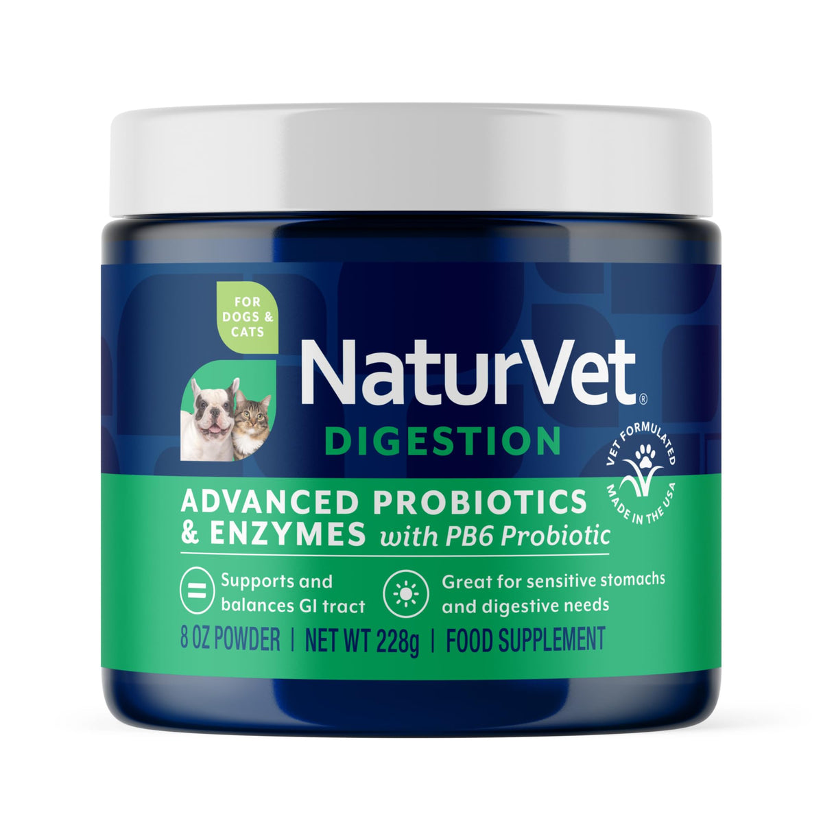 NaturVet Advanced Probiotics bottle offers vet-strength support for gentle digestion.