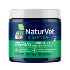 NaturVet Advanced Probiotics bottle offers vet-strength support for gentle digestion.