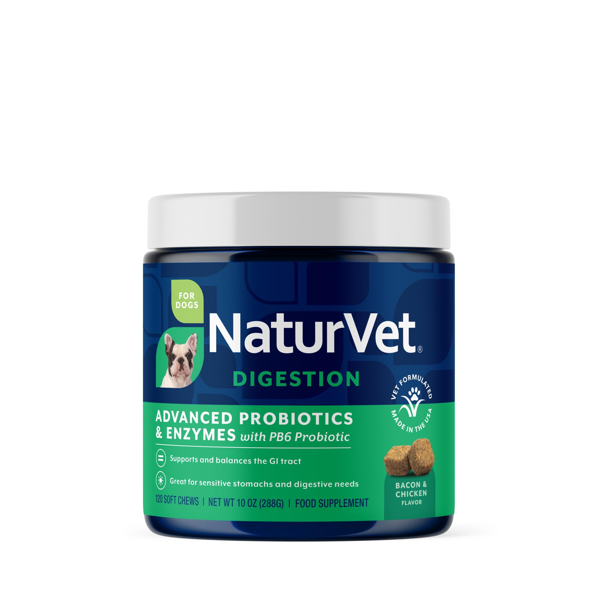 NaturVet Advanced Probiotics Enzymes jar with soft chews for sensitive stomach support