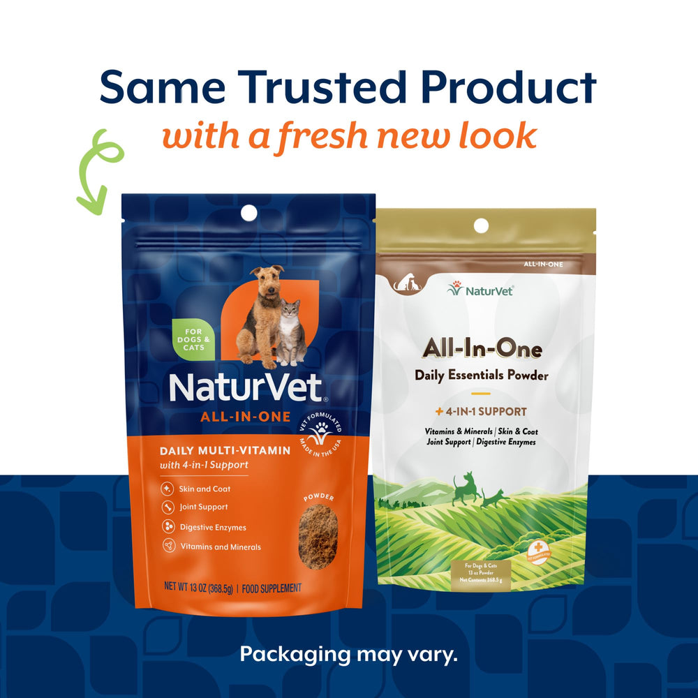 NaturVet All-in-One jar highlights skin and coat care benefits.