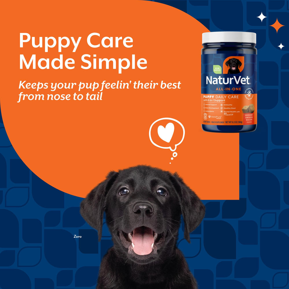 NaturVet All-In-One Puppy Daily Care chews closeup with bacon scent for tasty administration