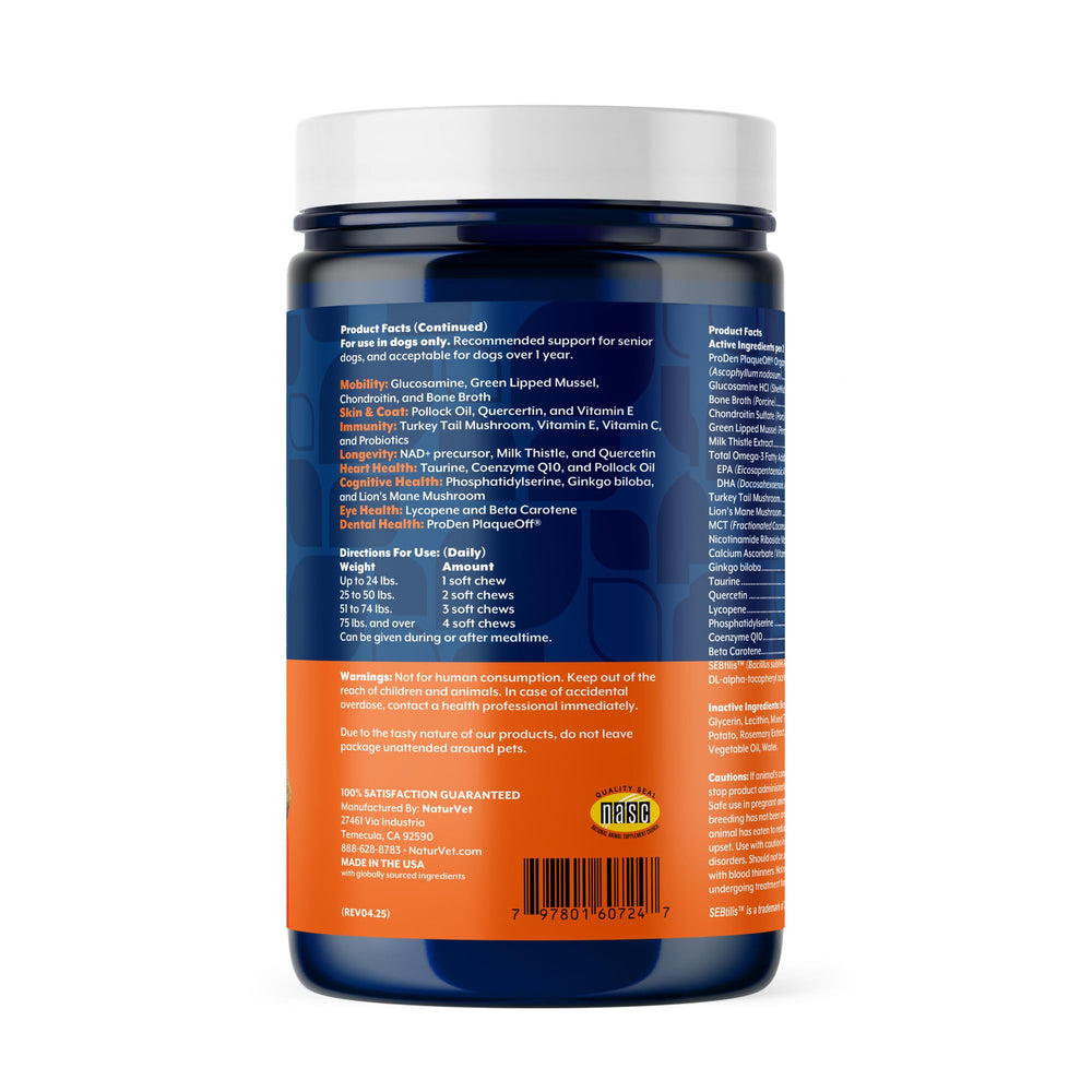 NaturVet All-in-One Senior dog chews with glucosamine and chondroitin for joint flexibility.