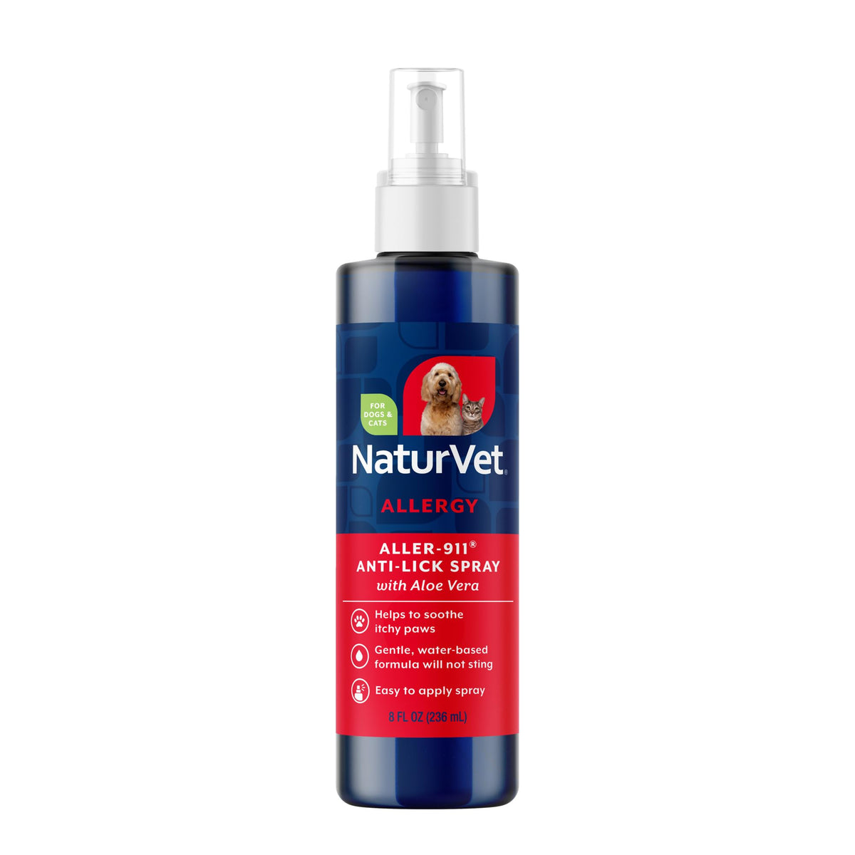 NaturVet Aller-911 paw spray bottle for pets showing anti-lick capability.